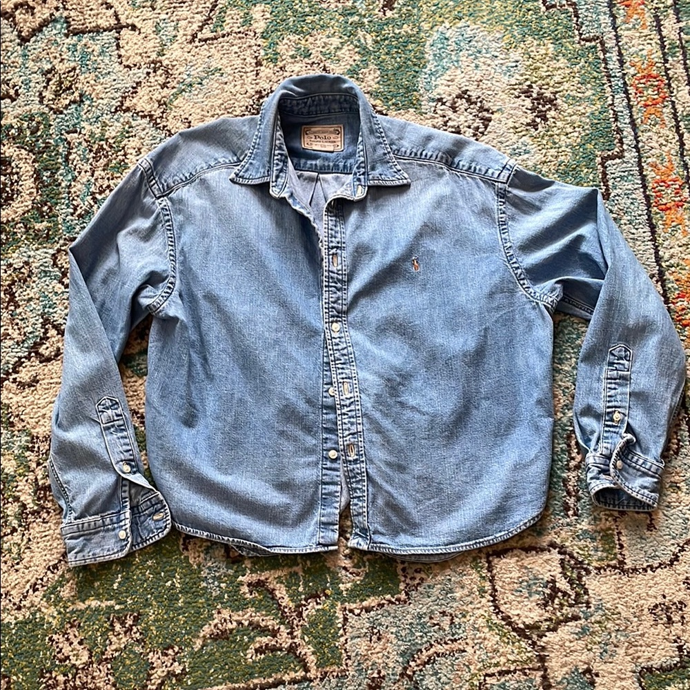 Blue Denim cropped  Button-Up Shirt Mama